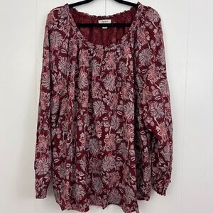 Style & Co Womens 4X Burgundy Floral Paisley Boho Peasant Blouse Long Sleeve